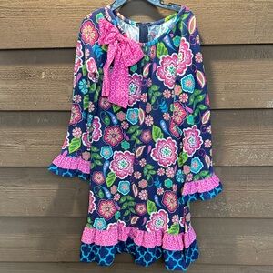 Jumping Fences Floral Patterned Ruffled Dress Pink Bow Accents
